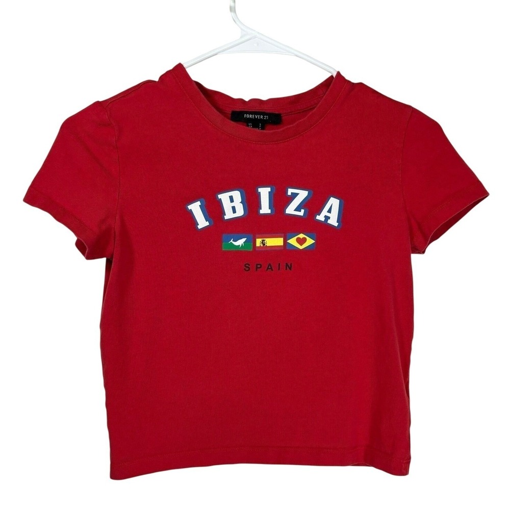 Y2K Ibiza Spain Graphic Crop Top SMALL Red Baby Tee Euro Summer Summer Festival